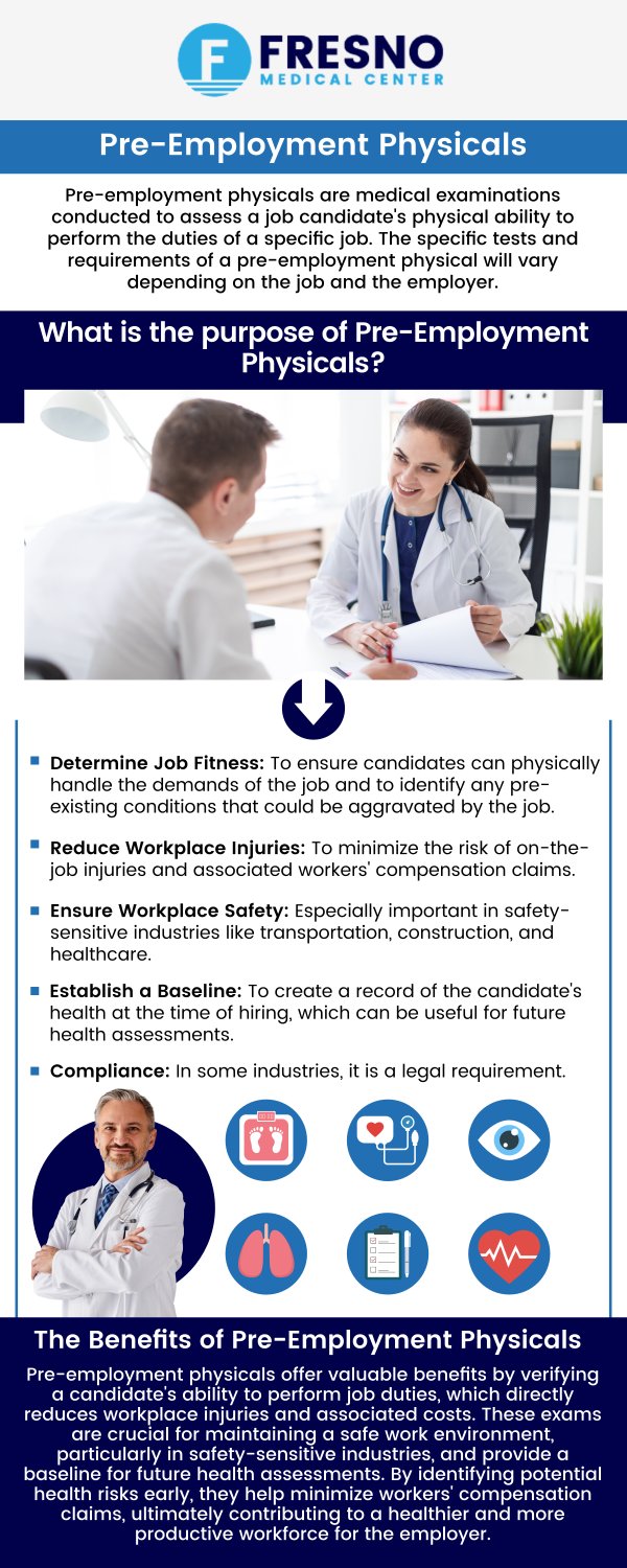 Getting a pre-employment physical is an essential part of the hiring process, providing reassurance to both employers and employees that the individual is medically fit for the job. These comprehensive exams help ensure that employees are ready to perform their duties safely and efficiently from day one. At Fresno Medical Center, Dr. Gurmej Dhillon, MD, provides thorough pre-employment physical exams tailored to meet the specific requirements of various industries. Contact us now for more information or schedule an appointment online. We are conveniently located at 6069 N First St # 103, Fresno, CA 93710. Getting a pre-employment physical is an essential part of the hiring process, providing reassurance to both employers and employees that the individual is medically fit for the job. These comprehensive exams help ensure that employees are ready to perform their duties safely and efficiently from day one. At Fresno Medical Center, Dr. Gurmej Dhillon, MD, provides thorough pre-employment physical exams tailored to meet the specific requirements of various industries. Contact us now for more information or schedule an appointment online. We are conveniently located at 6069 N First St # 103, Fresno, CA 93710.