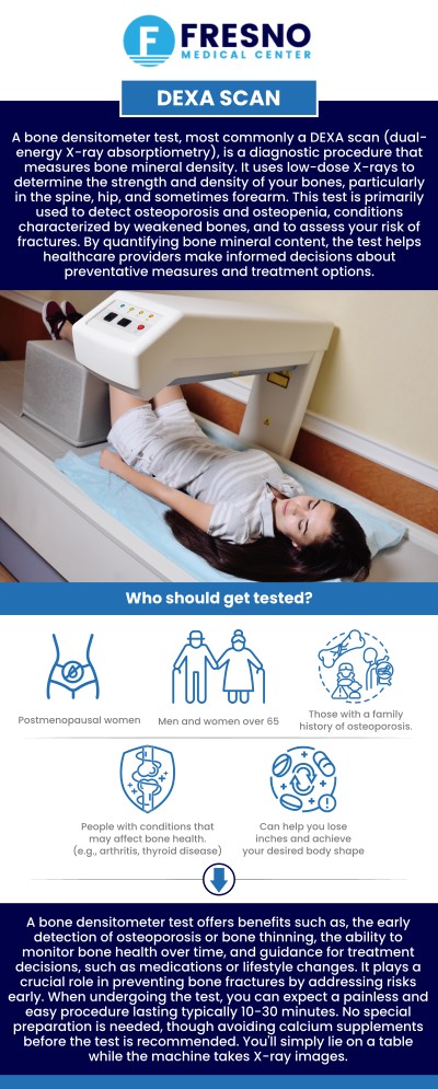 A DEXA scan is a precise, non-invasive test that measures bone density to assess osteoporosis and fracture risk. At Fresno Medical Center, Dr. Gurmej Dhillon, MD, recommends DEXA scans as a key tool for evaluating bone health, especially for individuals at risk due to age, medical conditions, or family history. By identifying bone density changes early, we can implement preventive strategies to maintain bone health and prevent fractures. Contact us now or schedule an appointment online! We are conveniently located at 6069 N First St # 103, Fresno, CA 93710.